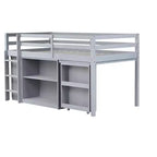 Twin Size Loft Bed with Pull-Out Desk, Storage Drawers, Cabinets & Ladder, Rubber Wood Frame with Safety Guardrail, White/Gray - ModernLuxe