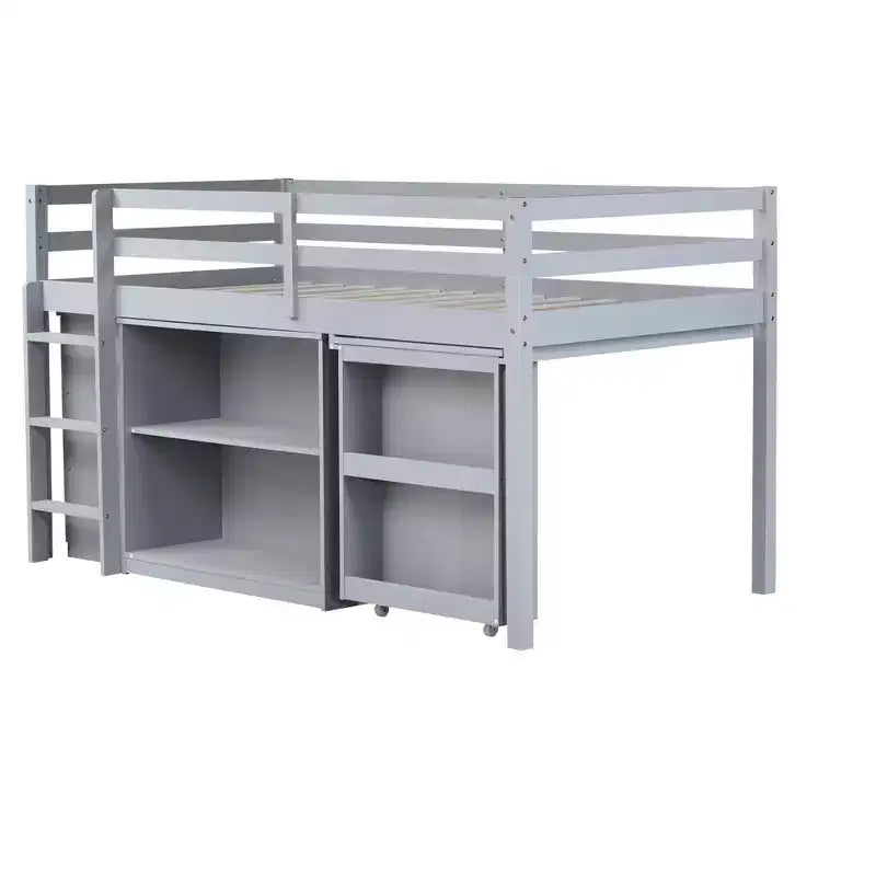 Twin Size Loft Bed with Pull-Out Desk, Storage Drawers, Cabinets & Ladder, Rubber Wood Frame with Safety Guardrail, White/Gray - ModernLuxe