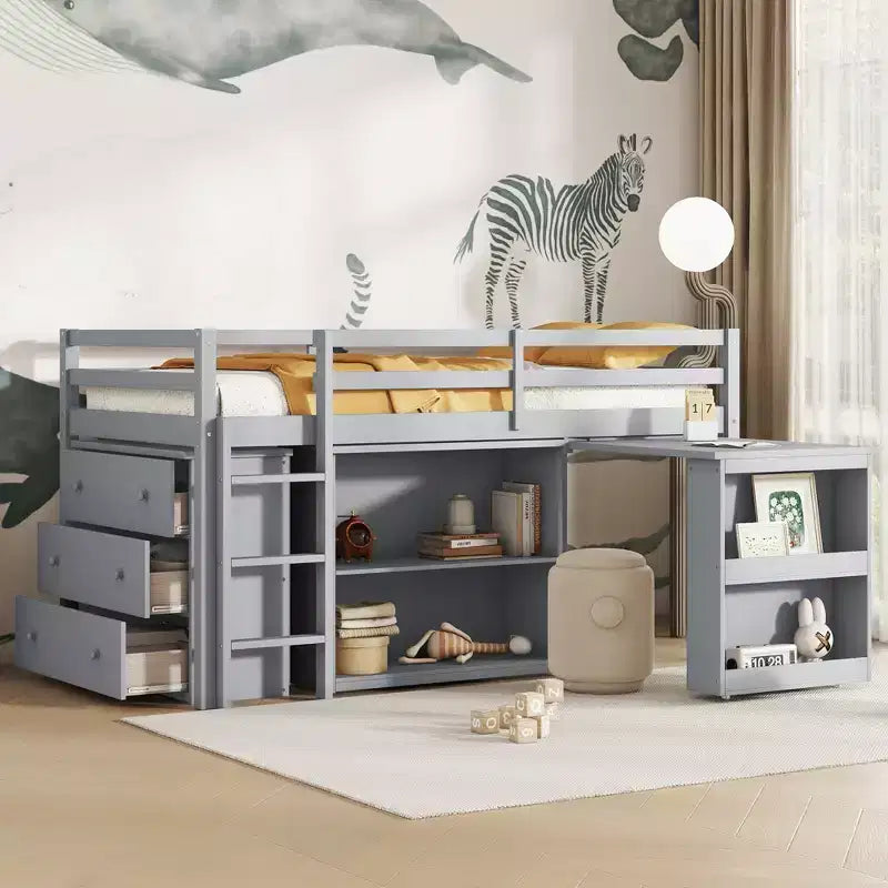 Twin Size Loft Bed with Pull-Out Desk, Storage Drawers, Cabinets & Ladder, Rubber Wood Frame with Safety Guardrail, White/Gray - ModernLuxe