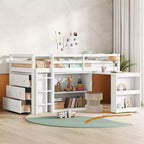 Twin Size Loft Bed with Pull-Out Desk, Storage Drawers, Cabinets & Ladder, Rubber Wood Frame with Safety Guardrail, White/Gray - ModernLuxe