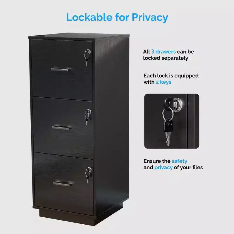 Karl Home 3-Drawer Black MDF 15.35in. W Vertical File Cabinet