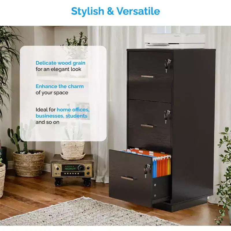 Karl Home 3-Drawer Black MDF 15.35in. W Vertical File Cabinet