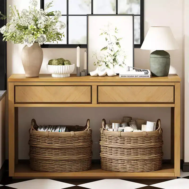 55 Console Table, Rustic Wooden Entryway Table with Storage Drawers and Open Shelf, Elegant Sofa Table for Hallway and Living Room (Natural)