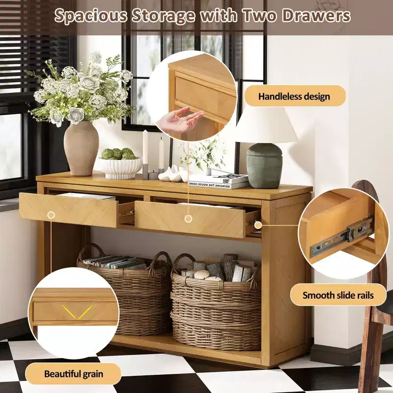 55 Console Table, Rustic Wooden Entryway Table with Storage Drawers and Open Shelf, Elegant Sofa Table for Hallway and Living Room (Natural)