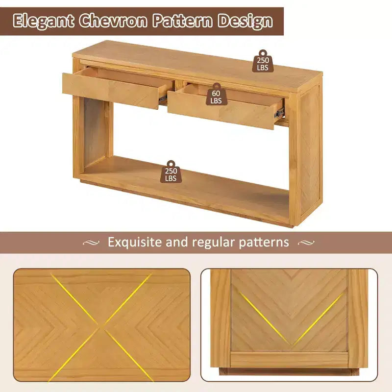 55 Console Table, Rustic Wooden Entryway Table with Storage Drawers and Open Shelf, Elegant Sofa Table for Hallway and Living Room (Natural)