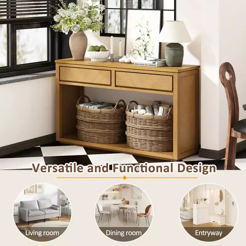 55 Console Table, Rustic Wooden Entryway Table with Storage Drawers and Open Shelf, Elegant Sofa Table for Hallway and Living Room (Natural)