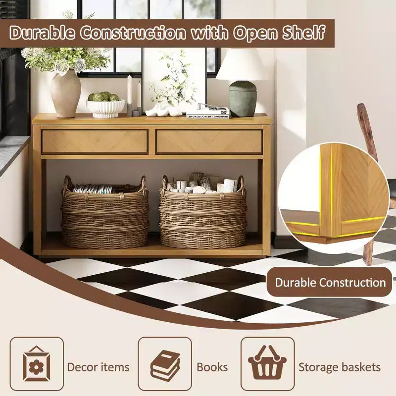 55 Console Table, Rustic Wooden Entryway Table with Storage Drawers and Open Shelf, Elegant Sofa Table for Hallway and Living Room (Natural)