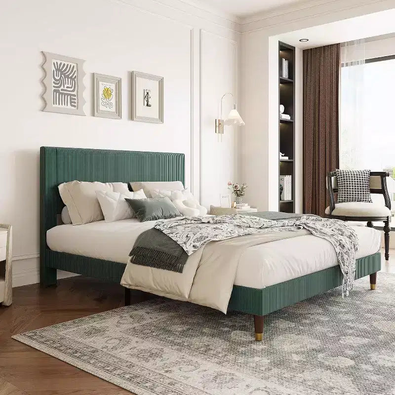 Acekool Upholstered Platform Bed Frame with Fabric Headboard, Wooden and Metal Slat Support, Non-Slip, Noise-Free Design, No Box Spring Needed
