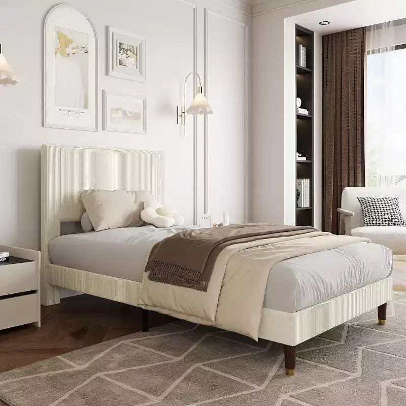 Acekool Upholstered Platform Bed Frame with Fabric Headboard, Wooden and Metal Slat Support, Non-Slip, Noise-Free Design, No Box Spring Needed