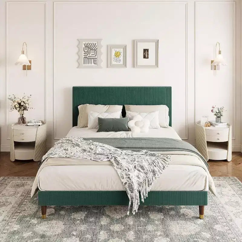 Acekool Upholstered Platform Bed Frame with Fabric Headboard, Wooden and Metal Slat Support, Non-Slip, Noise-Free Design, No Box Spring Needed