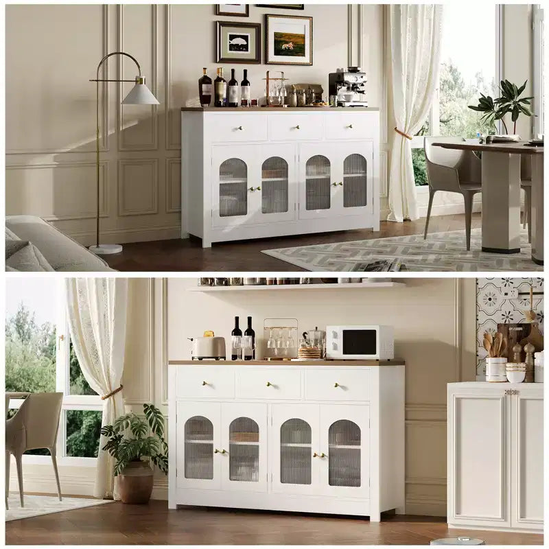 55 Inch Farmhouse Buffet Cabinet, Large Wood Narrow Kitchen Buffet Storage Cabinet for Dining Room Living Room Coffee Bar with Drawers and 4 Doors