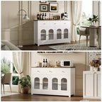 55 Inch Farmhouse Buffet Cabinet, Large Wood Narrow Kitchen Buffet Storage Cabinet for Dining Room Living Room Coffee Bar with Drawers and 4 Doors