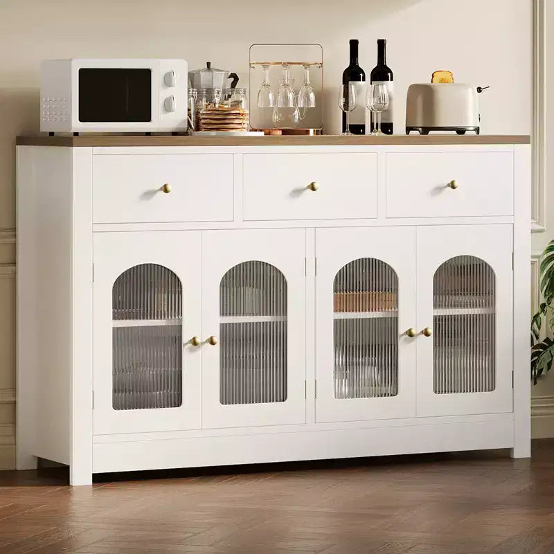 55 Inch Farmhouse Buffet Cabinet, Large Wood Narrow Kitchen Buffet Storage Cabinet for Dining Room Living Room Coffee Bar with Drawers and 4 Doors
