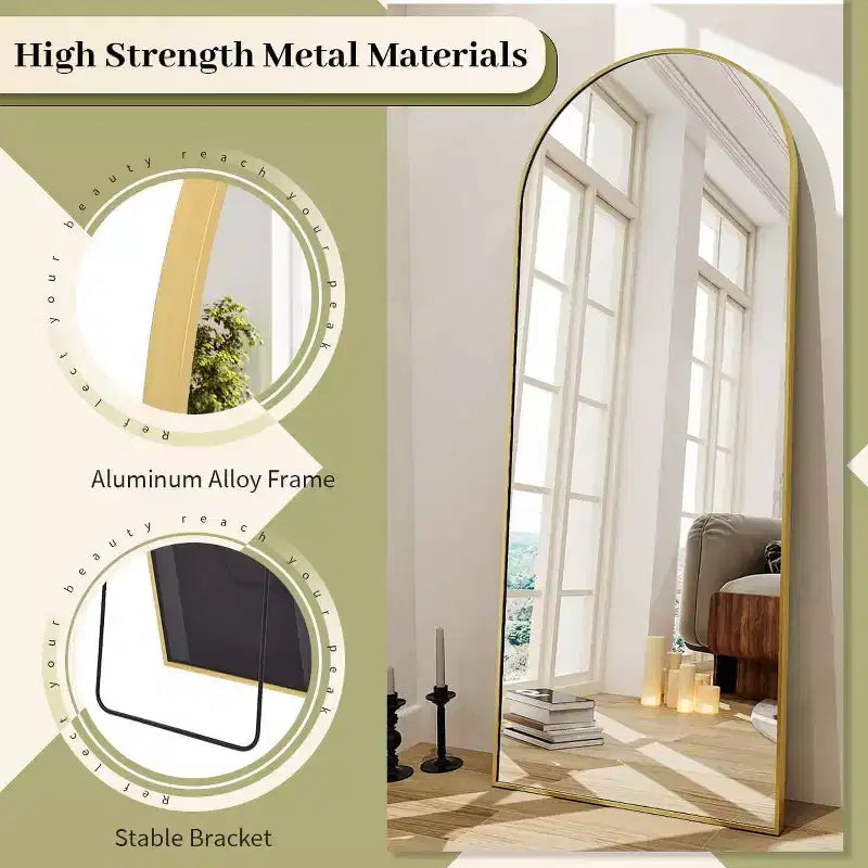 66x25 Full Length Mirror, Wall Mirrors Hanging or Leaning Arched-Top Full Body Mirror with Stand for Bedroom, Dressing Room, Gold