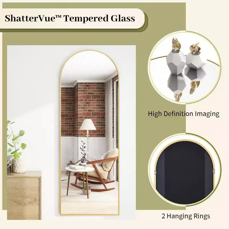 66x25 Full Length Mirror, Wall Mirrors Hanging or Leaning Arched-Top Full Body Mirror with Stand for Bedroom, Dressing Room, Gold