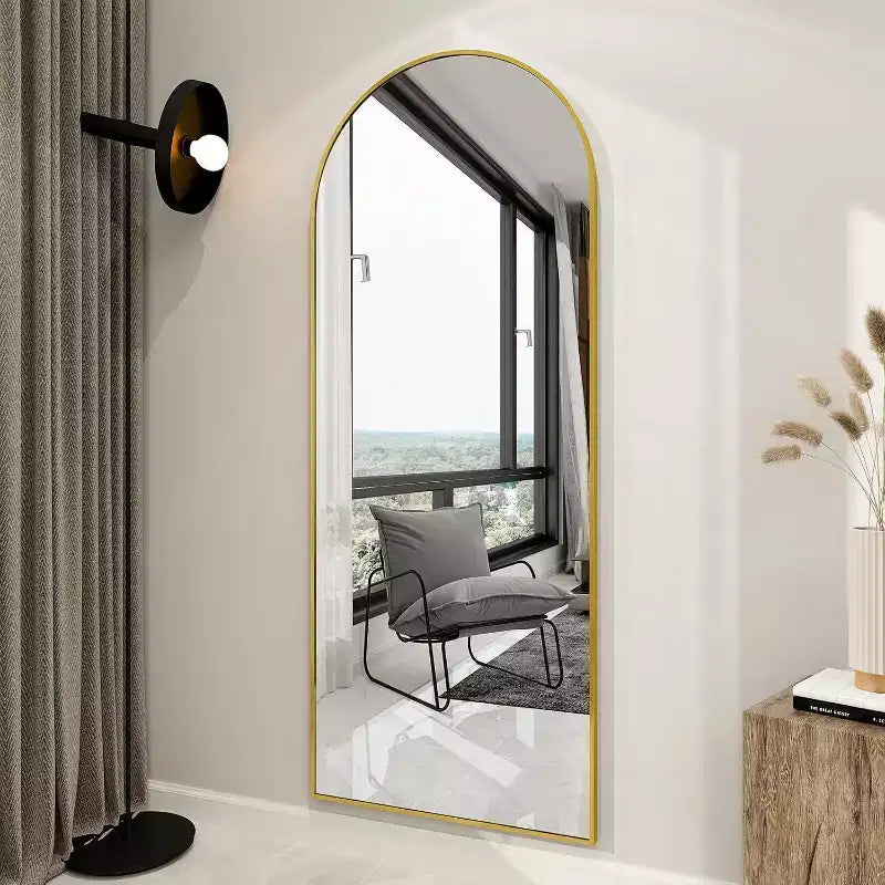 66x25 Full Length Mirror, Wall Mirrors Hanging or Leaning Arched-Top Full Body Mirror with Stand for Bedroom, Dressing Room, Gold