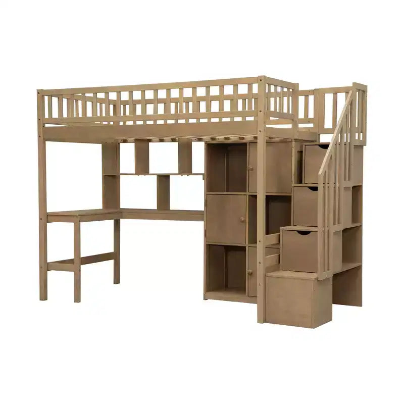 Whisen Wood Twin Size Loft Bed with Built-in Desk