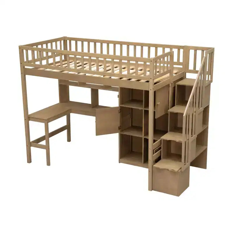 Whisen Wood Twin Size Loft Bed with Built-in Desk