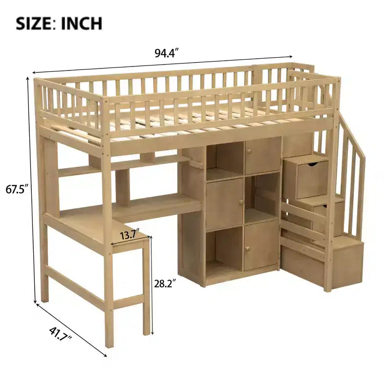 Whisen Wood Twin Size Loft Bed with Built-in Desk