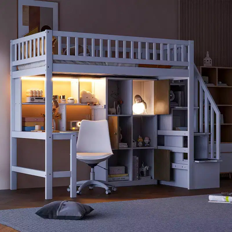 Whisen Wood Twin Size Loft Bed with Built-in Desk