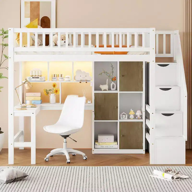 Whisen Wood Twin Size Loft Bed with Built-in Desk