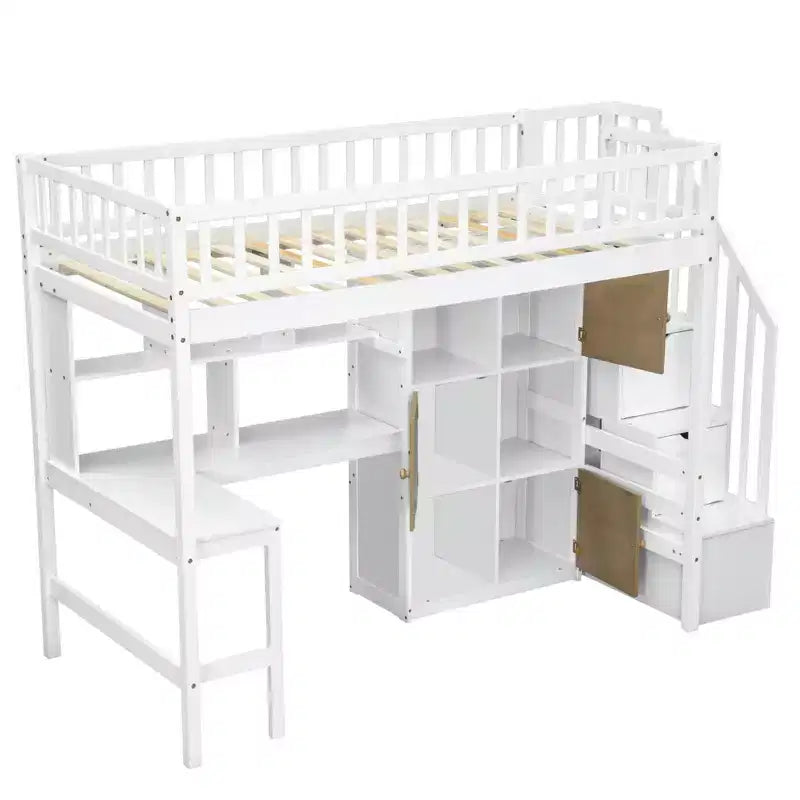 Whisen Wood Twin Size Loft Bed with Built-in Desk