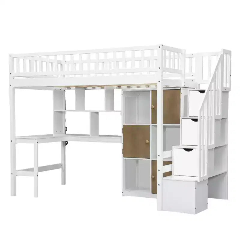 Whisen Wood Twin Size Loft Bed with Built-in Desk