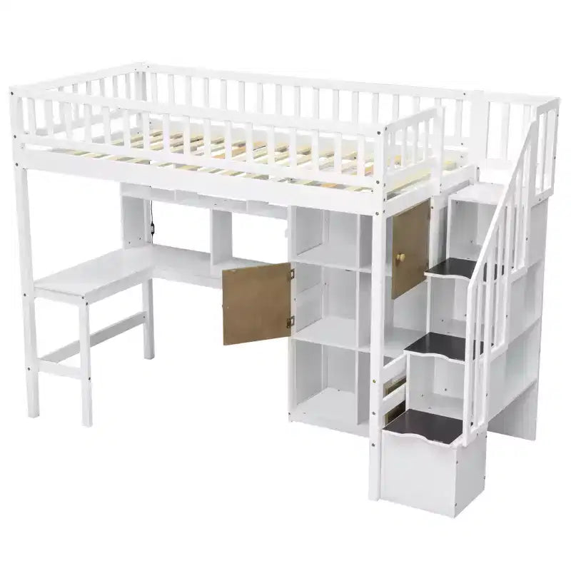 Whisen Wood Twin Size Loft Bed with Built-in Desk