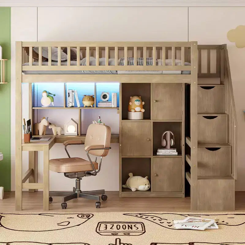 Whisen Wood Twin Size Loft Bed with Built-in Desk