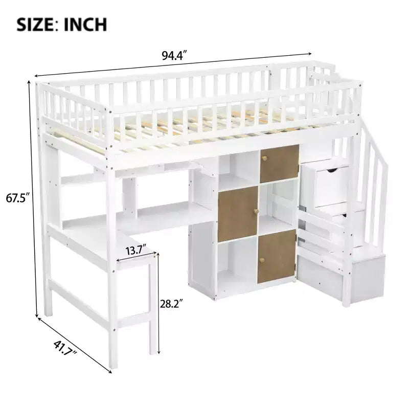 Whisen Wood Twin Size Loft Bed with Built-in Desk