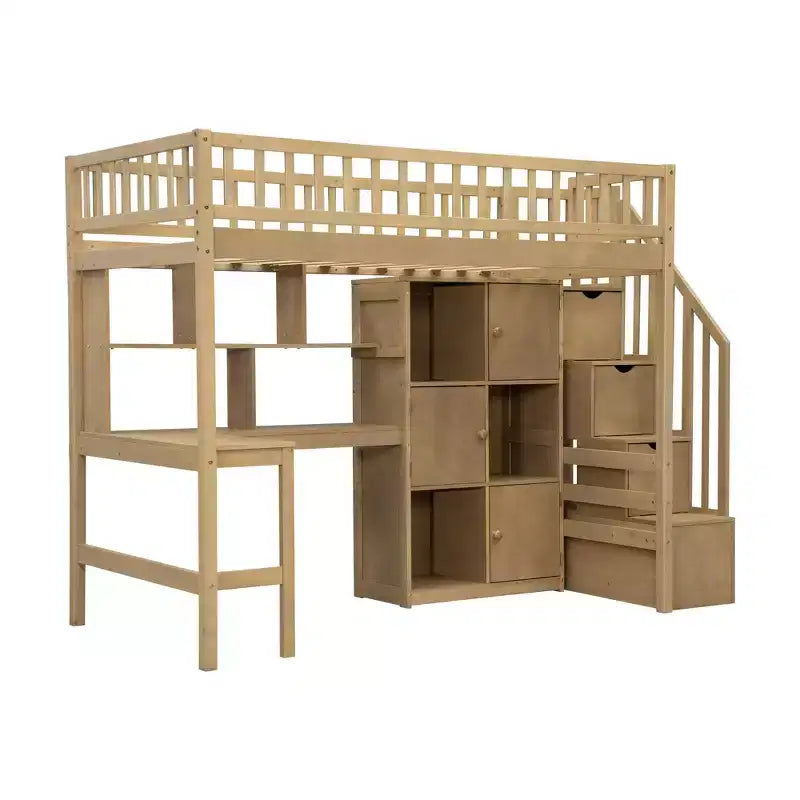 Whisen Wood Twin Size Loft Bed with Built-in Desk