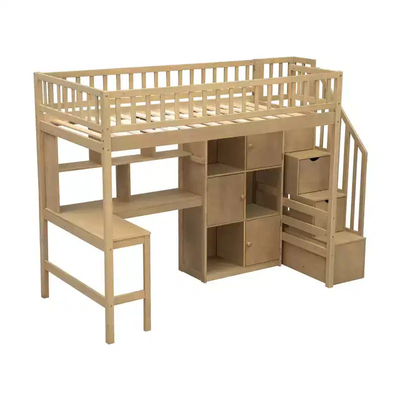 Whisen Wood Twin Size Loft Bed with Built-in Desk