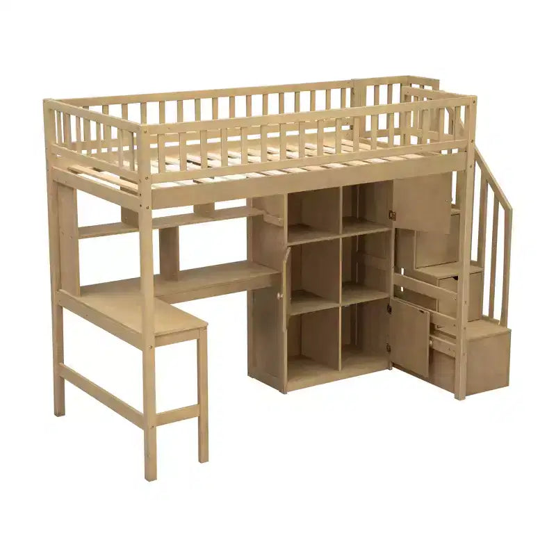Whisen Wood Twin Size Loft Bed with Built-in Desk
