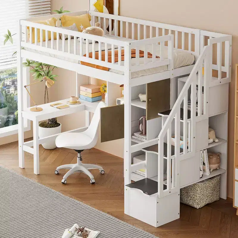 Whisen Wood Twin Size Loft Bed with Built-in Desk