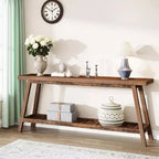 MAYEERTY 70.9 Inch Extra Long 2-Tier Console Table Rustic Farmhouse Style Trapezoid Heavy Duty Base