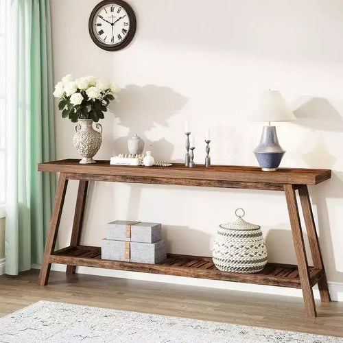 MAYEERTY 70.9 Inch Extra Long 2-Tier Console Table Rustic Farmhouse Style Trapezoid Heavy Duty Base