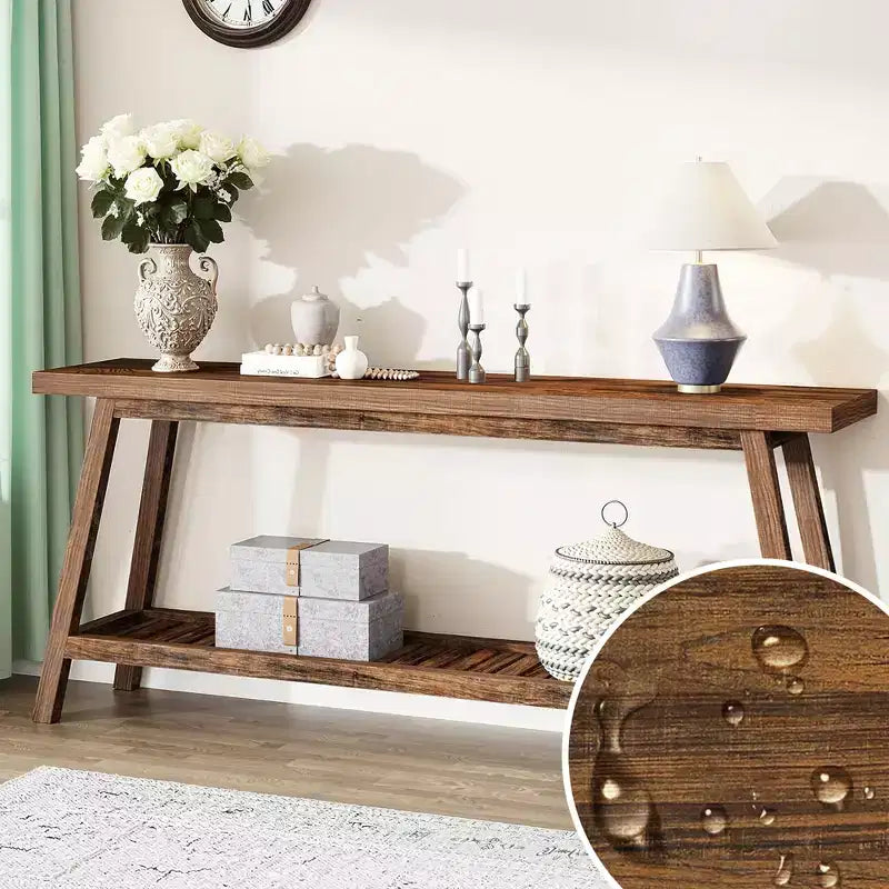 MAYEERTY 70.9 Inch Extra Long 2-Tier Console Table Rustic Farmhouse Style Trapezoid Heavy Duty Base