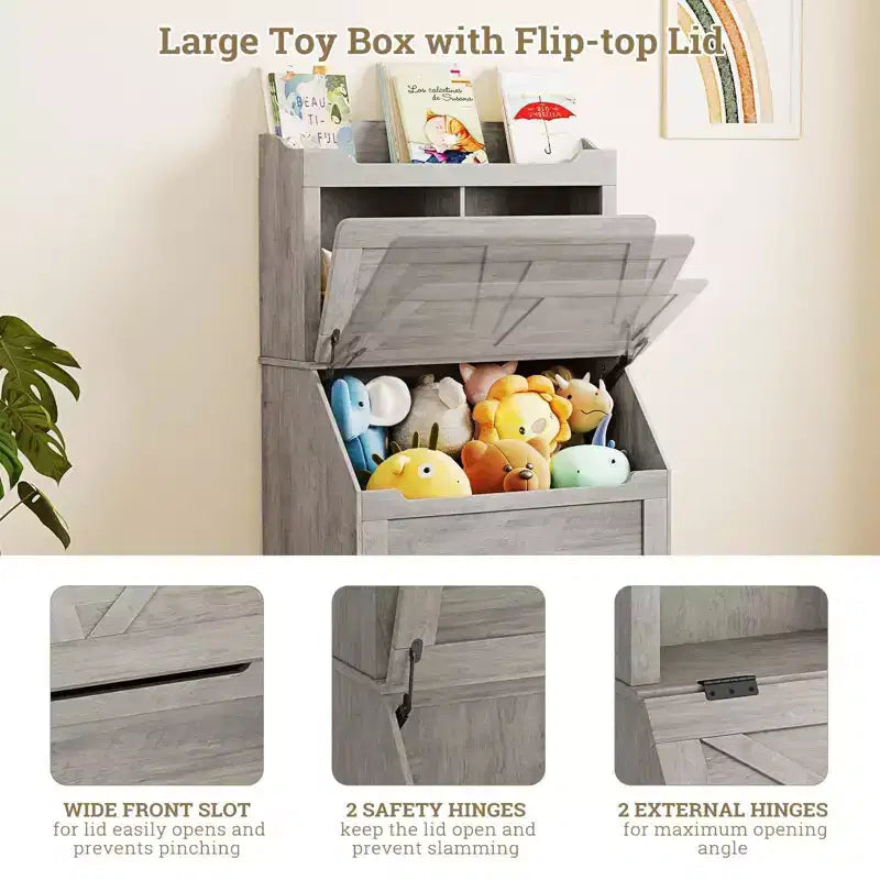 3-Tier Wooden Kids Bookcase & Toy Organizer with Flip-Top Lid for Playroom, Bedroom & Nursery - Child-Friendly Storage