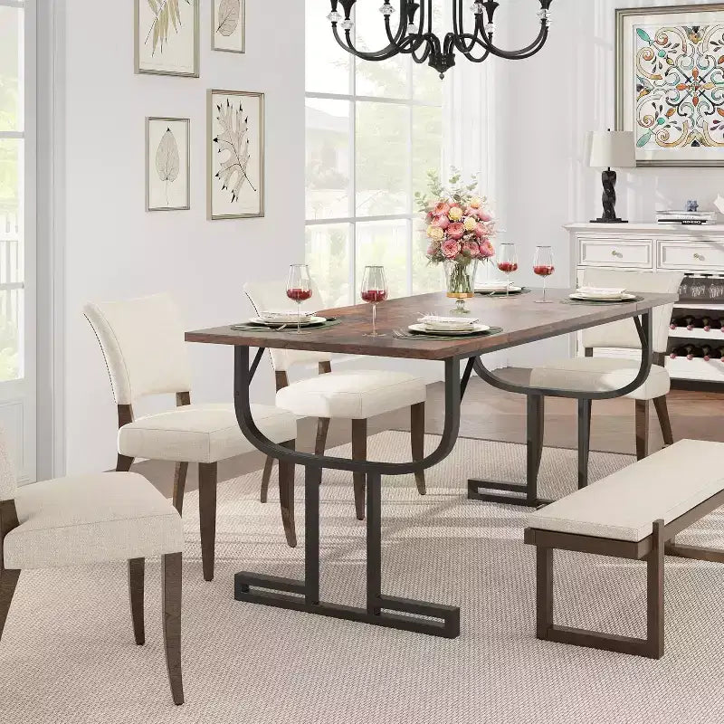 71 Inch Large Rectangular Dining Table for 4-6 People, Iron Wine Glass Legs, Elegant Contemporary Design, Dining Room Furniture for Apartments