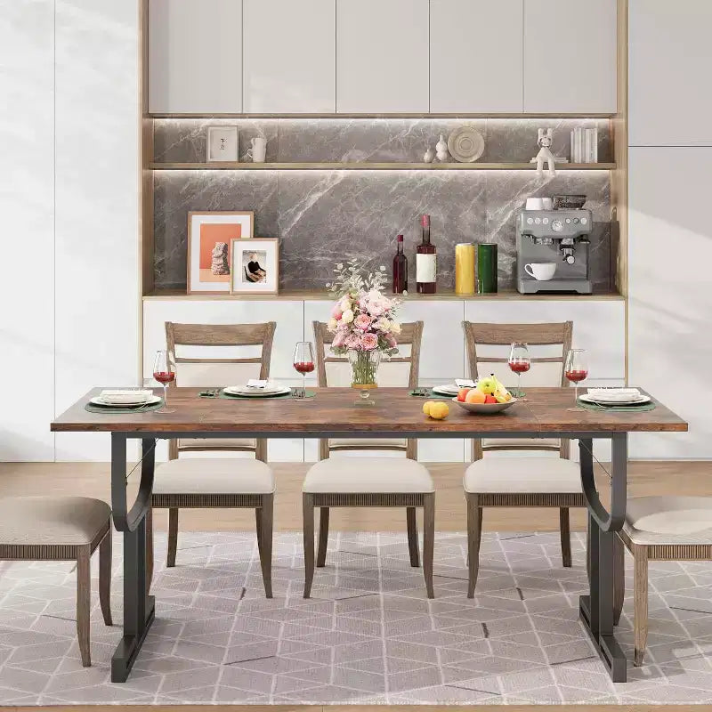 71 Inch Large Rectangular Dining Table for 4-6 People, Iron Wine Glass Legs, Elegant Contemporary Design, Dining Room Furniture for Apartments