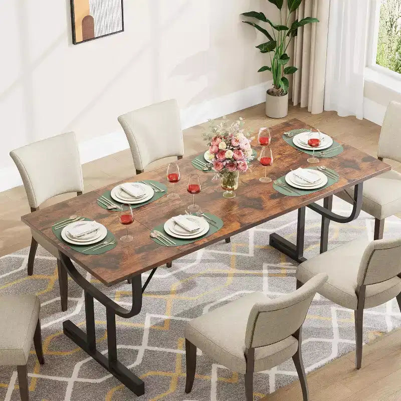 71 Inch Large Rectangular Dining Table for 4-6 People, Iron Wine Glass Legs, Elegant Contemporary Design, Dining Room Furniture for Apartments
