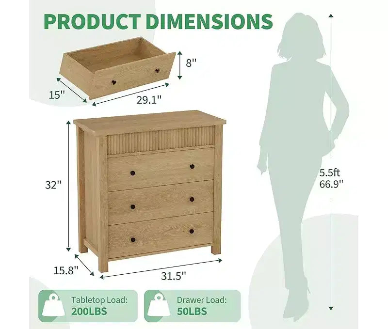 Modern Fluted Dresser Bedside Table - 3 Drawer Wooden Storage Cabinet - Sleek Chest of Drawers Organizer - Natural Oak Finish, 3 Buckets