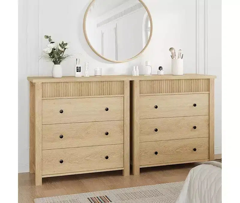 Modern Fluted Dresser Bedside Table - 3 Drawer Wooden Storage Cabinet - Sleek Chest of Drawers Organizer - Natural Oak Finish, 3 Buckets
