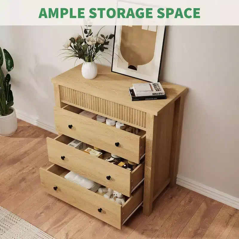 Modern Fluted Dresser Bedside Table - 3 Drawer Wooden Storage Cabinet - Sleek Chest of Drawers Organizer - Natural Oak Finish, 3 Buckets