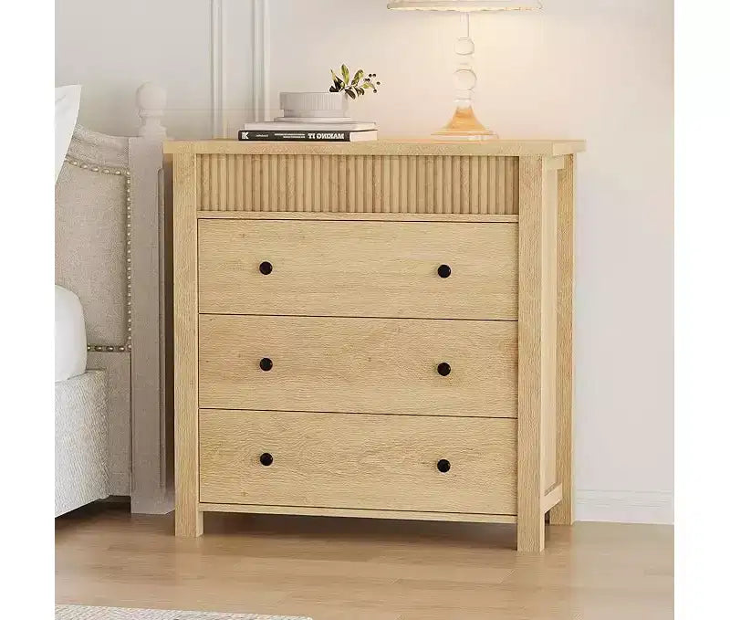 Modern Fluted Dresser Bedside Table - 3 Drawer Wooden Storage Cabinet - Sleek Chest of Drawers Organizer - Natural Oak Finish, 3 Buckets