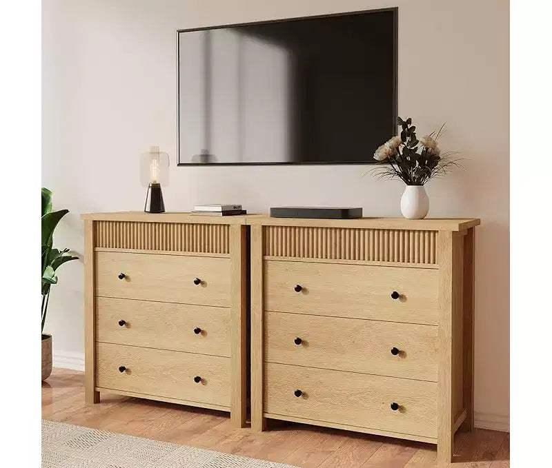 Modern Fluted Dresser Bedside Table - 3 Drawer Wooden Storage Cabinet - Sleek Chest of Drawers Organizer - Natural Oak Finish, 3 Buckets