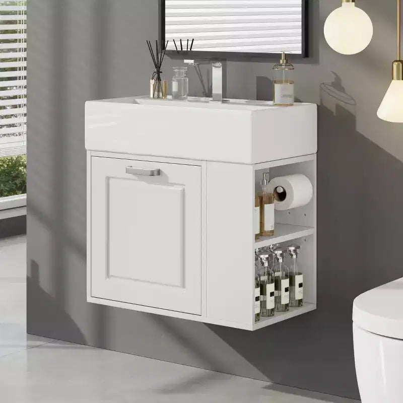 Bathroom Vanity 21.8-Inch with Sink, Wall-Mounted Floating Cabinet, Large Drawer, Adjustable Shelves, Toilet Paper Holder, Soft-Close System
