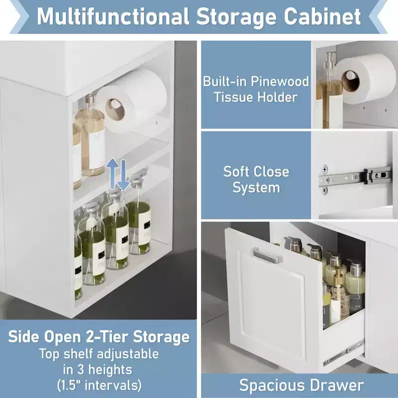 Bathroom Vanity 21.8-Inch with Sink, Wall-Mounted Floating Cabinet, Large Drawer, Adjustable Shelves, Toilet Paper Holder, Soft-Close System