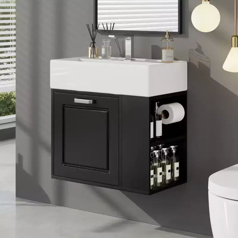 Bathroom Vanity 21.8-Inch with Sink, Wall-Mounted Floating Cabinet, Large Drawer, Adjustable Shelves, Toilet Paper Holder, Soft-Close System