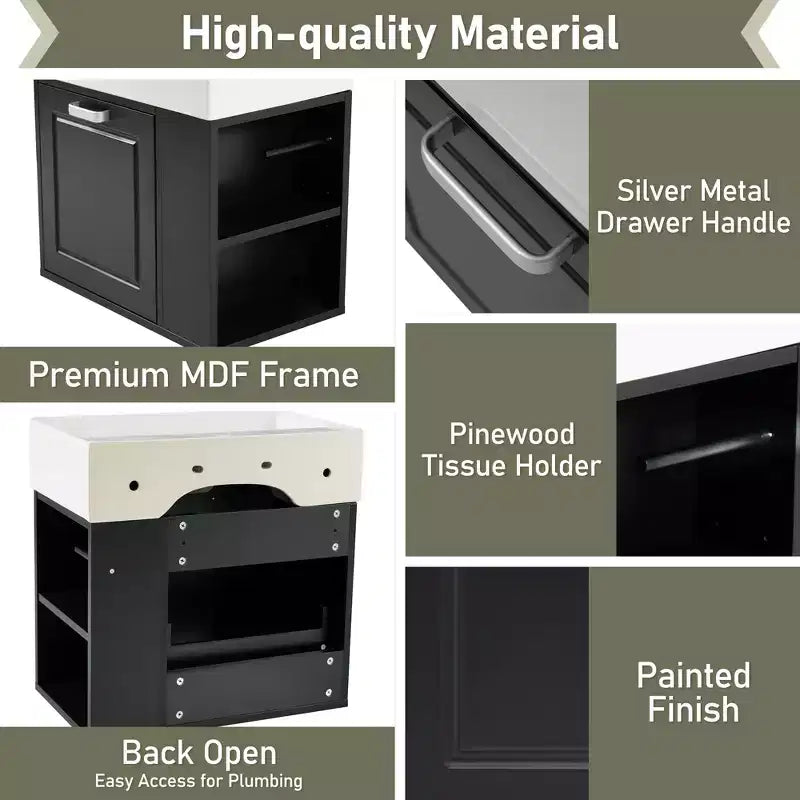 Bathroom Vanity 21.8-Inch with Sink, Wall-Mounted Floating Cabinet, Large Drawer, Adjustable Shelves, Toilet Paper Holder, Soft-Close System